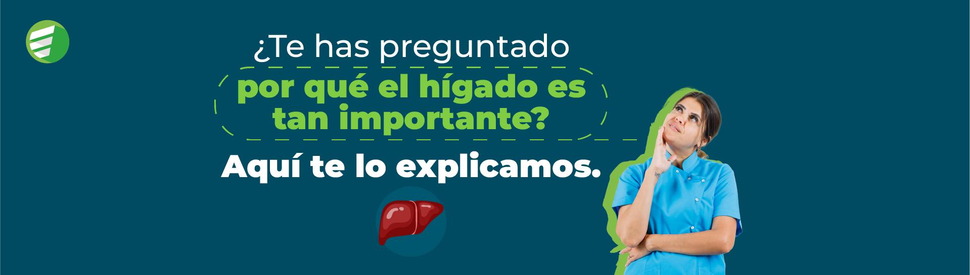 Funciones y cuidado del hígado humano Persona pensativa con uniforme médico, acompañada del texto '¿Te has preguntado por qué el hígado es tan importante? Aquí te lo explicamos.' y un ícono de hígado en la parte inferior.
